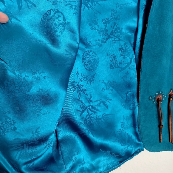 Patricia wolf suede turquoise Hand Painted Aztec Fringe Western jacket Sz S - Picture 6 of 7